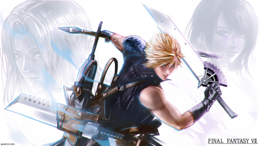 1girl 2boys abkc94 absurdres armor black_gloves black_shirt blonde_hair blue_eyes cloud_strife commentary dual_wielding fighting_stance final_fantasy final_fantasy_vii final_fantasy_vii_advent_children fusion_swords gloves hair_between_eyes high_collar highres holding holding_sword holding_weapon long_hair looking_at_viewer multiple_boys parted_bangs parted_lips sephiroth serious shirt short_hair shoulder_armor single_bare_shoulder sleeveless sleeveless_shirt spiked_hair swept_bangs sword tifa_lockhart twitter_username upper_body weapon