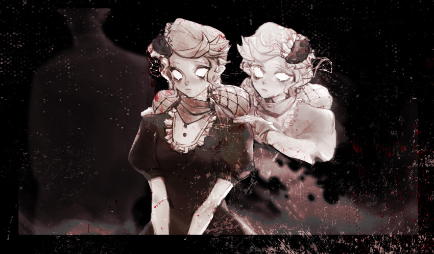 2girls abigail_(don't_starve) absurdres bags_under_eyes black_dress blank_eyes blonde_hair blood blood_in_hair blood_on_arm border comforting crying dissolving don't_starve double_bun dress fishnets ghost hair_bun hand_on_another's_shoulder highres humanization mierbuli mourning multiple_girls official_alternate_costume official_alternate_hairstyle photo_(object) puffy_short_sleeves puffy_sleeves red_scarf sad scarf short_sleeves siblings sisters solo_focus swept_bangs tears twins upper_body veil wendy_(don't_starve)
