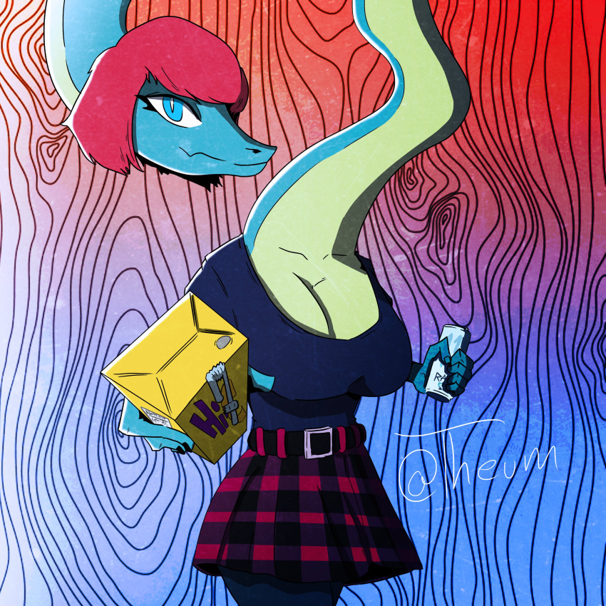 abstract_background absurd_res anthro beverage beverage_can big_breasts blue_body blue_eyes bottomwear brachiosaurid brachiosaurus breasts cleavage clothed clothing dinosaur female hair hi_res i_wani_hug_that_gator juice_box liz_(iwhtg) long_neck looking_at_viewer monster_energy monster_energy_can multicolored_body offering_to_viewer psychedelic_background red_hair reptile sauropod scalie skirt solo theumslayer two_tone_body