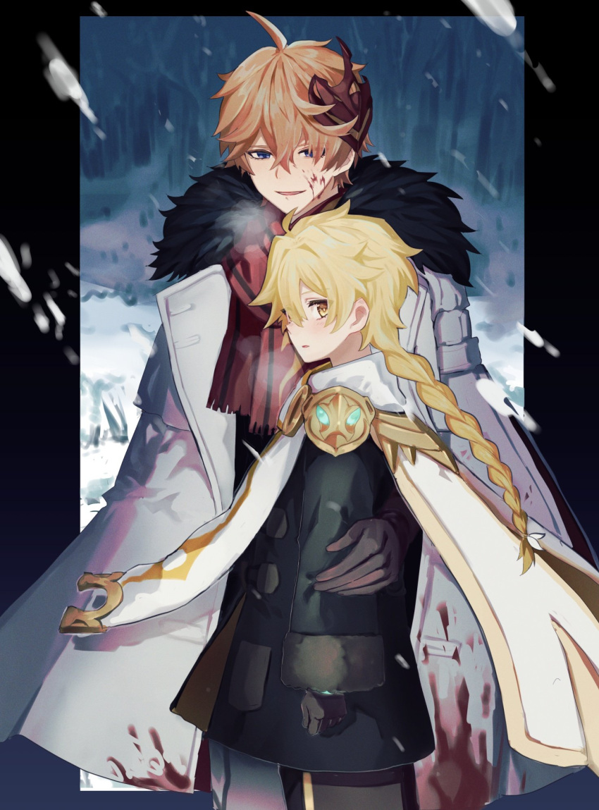 2boys aether_(genshin_impact) ahoge alternate_costume armor black_border black_coat black_gloves blonde_hair blood blood_on_clothes blood_on_face blue_border blue_eyes blush border braid branch coat crossed_bangs forest from_side fur-trimmed_coat fur_trim genshin_impact gloves grass grey_pants hair_between_eyes hair_ornament hand_up highres long_hair long_sleeves looking_at_viewer male_focus mask mask_on_head multiple_boys nature open_clothes open_coat open_mouth orange_hair outdoors outside_border pants red_mask red_scarf scarf senta_(ysk_0218) short_hair shoulder_armor smile snow snowing standing steam tartaglia_(genshin_impact) tongue tree white_coat white_scarf yellow_eyes