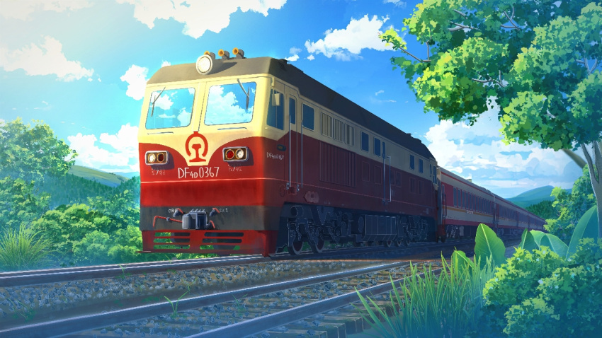 blue_sky bush chinese_commentary commentary_request day grass ground_vehicle no_humans original outdoors ptsd0818 railroad_tracks scenery sky train tree vehicle_focus