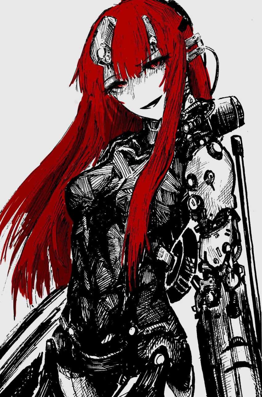 1girl absurdres breasts highres long_hair looking_at_viewer mechanical_arms mechanical_parts open_mouth partially_colored punishing:_gray_raven red_eyes red_hair shiokaze1409 sidelocks small_breasts solo vera_(punishing:_gray_raven)