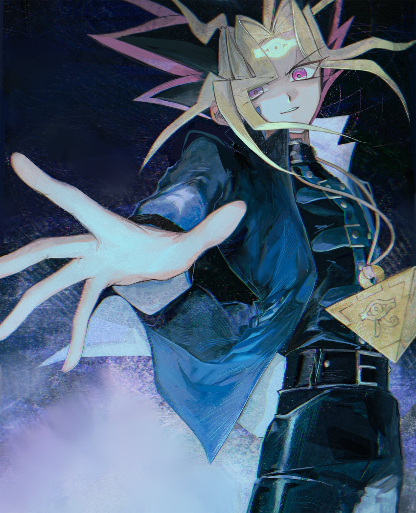 1boy black_hair blonde_hair highres jacket long_hair male_focus millennium_puzzle multicolored_hair open_clothes open_jacket reaching red_eyes red_hair smile solo uuu_ygo yami_yuugi yu-gi-oh! yu-gi-oh!_duel_monsters