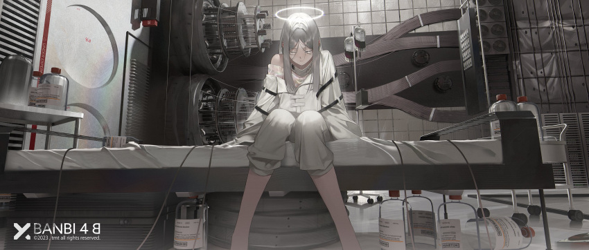1girl bed cart container cropped_legs glass_bottle grey_eyes grey_hair grey_pants halo highres intravenous_drip jewelry long_hair looking_down machinery neck_ring off_shoulder original pants parted_bangs shirt sidelocks sitting strap tile_wall tiles tmt ventilation_shaft white_shirt wire
