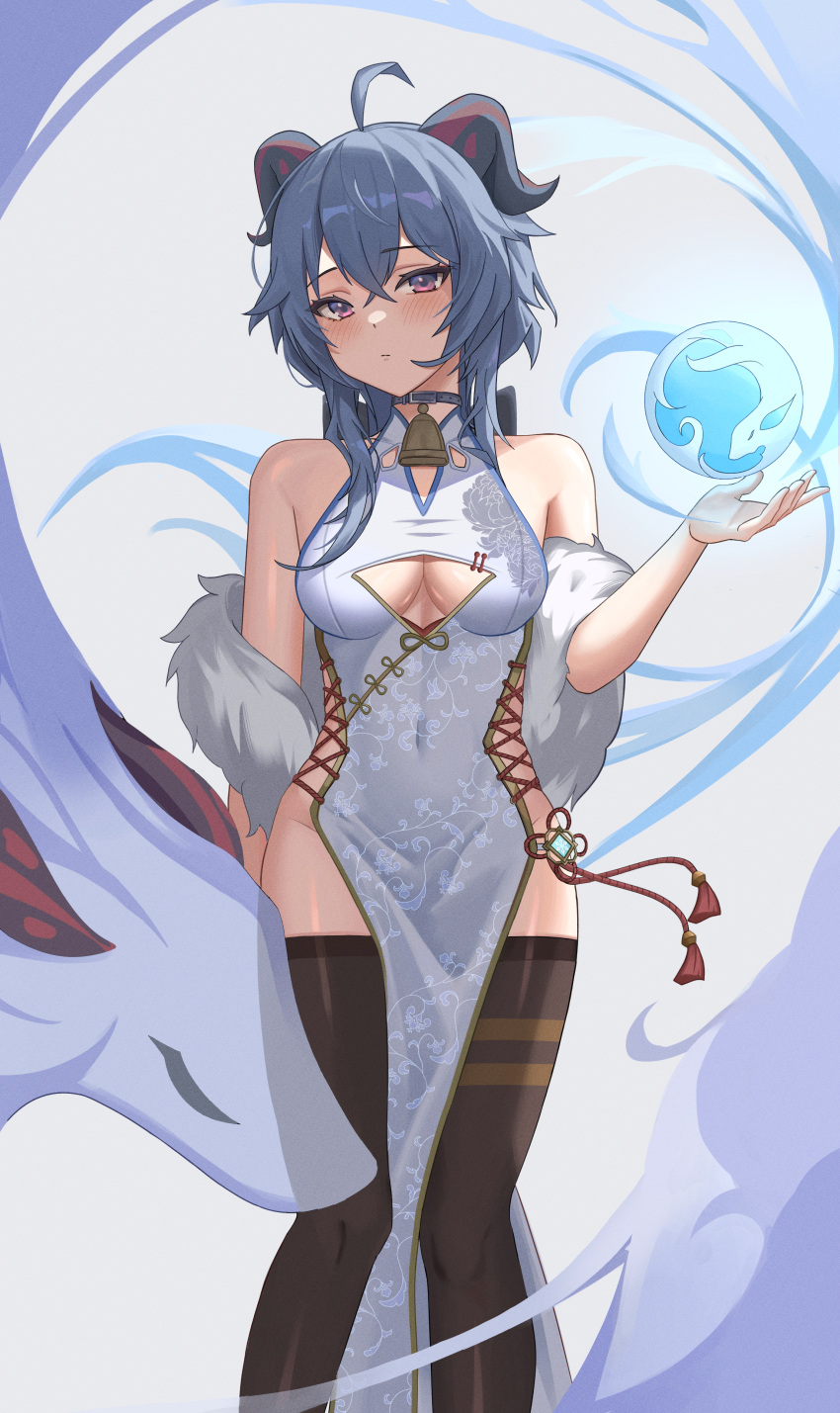 1girl absurdres ahoge alternate_costume bare_shoulders bell black_thighhighs blue_choker blue_hair blush breasts choker closed_mouth crossed_bangs floral_print ganyu_(genshin_impact) genshin_impact goat_horns hand_up highres horns large_breasts long_hair looking_at_viewer purple_eyes solo standing thighhighs toki88909 vision_(genshin_impact)