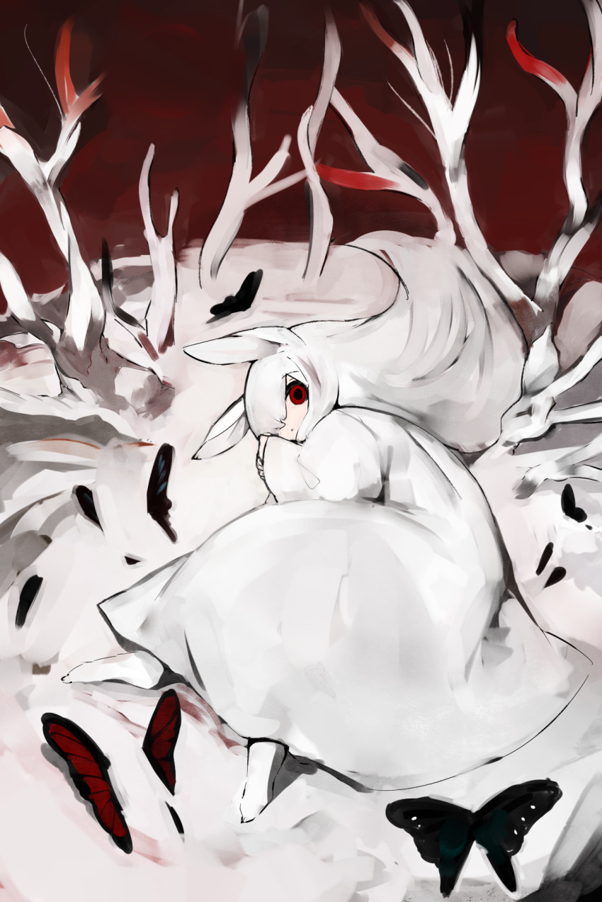 1girl albino albino_(vocaloid) animal_ears black_butterfly blood blood_stain bug butterfly butterfly_wings dress highres long_hair long_sleeves looking_at_viewer lying on_side rabbit rabbit_ears red_eyes shirokujira snow tree white_dress white_fur white_hair wings