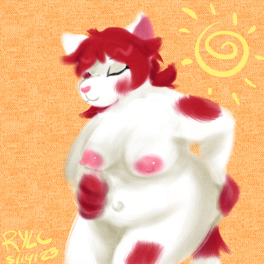 anthro domestic_cat felid feline felis female fur hair hi_res mammal nude painting_(artwork) pregnant red_hair ruby_mello_(dynamitegrizzly) rubyyoulazycat slightly_chubby solo sun traditional_media_(artwork) white_body white_fur