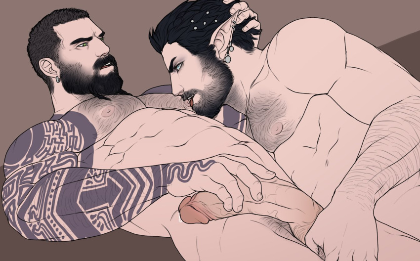 2boys abs arm_hair arm_tattoo bara beard beard_stubble braid braided_beard chest_hair completely_nude couple elf erection facial_hair feet_out_of_frame flat_color from_below hairy hand_on_another's_head happy_sex large_pectorals large_penis licking licking_nipple long_beard male_focus mature_male movd_art multiple_boys muscular muscular_male mustache navel_hair nipples nude original pectorals penis pointy_ears receding_hairline short_hair tattoo testicle_grab thick_eyebrows uncensored yaoi