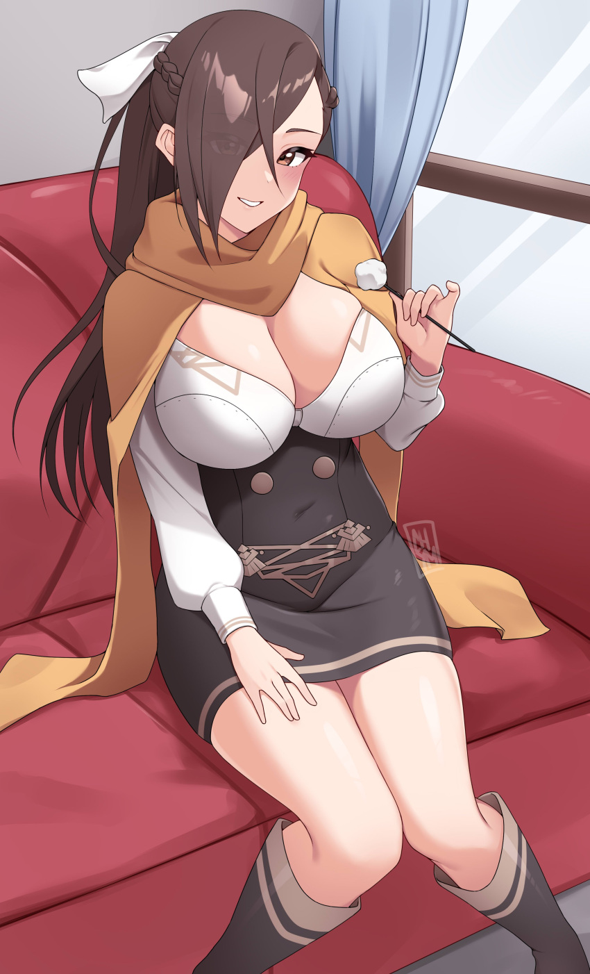 1girl absurdres alternate_costume breasts brown_eyes brown_hair chym39 cleavage couch eyes_visible_through_hair fire_emblem fire_emblem_fates garreg_mach_monastery_uniform hair_over_one_eye hair_ribbon highres kagero_(fire_emblem) lap_pillow_invitation large_breasts long_hair looking_at_viewer mimikaki parted_lips ribbon scarf sitting smile solo teeth white_ribbon yellow_scarf