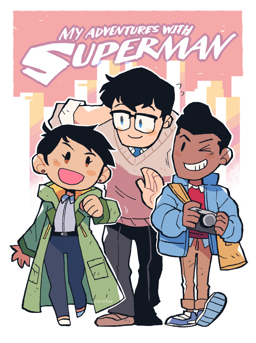 1girl 2boys :d absurdres black_hair blue_eyes blush_stickers brown_eyes camera clark_kent coat collared_shirt copyright_name dark-skinned_female dark-skinned_male dark_skin dc_comics earrings glasses grin highres jewelry jimmy_olsen lois_lane multiple_boys my_adventures_with_superman necktie one_eye_closed rariatto_(ganguri) shirt smile stud_earrings superman_(series) sweater walking