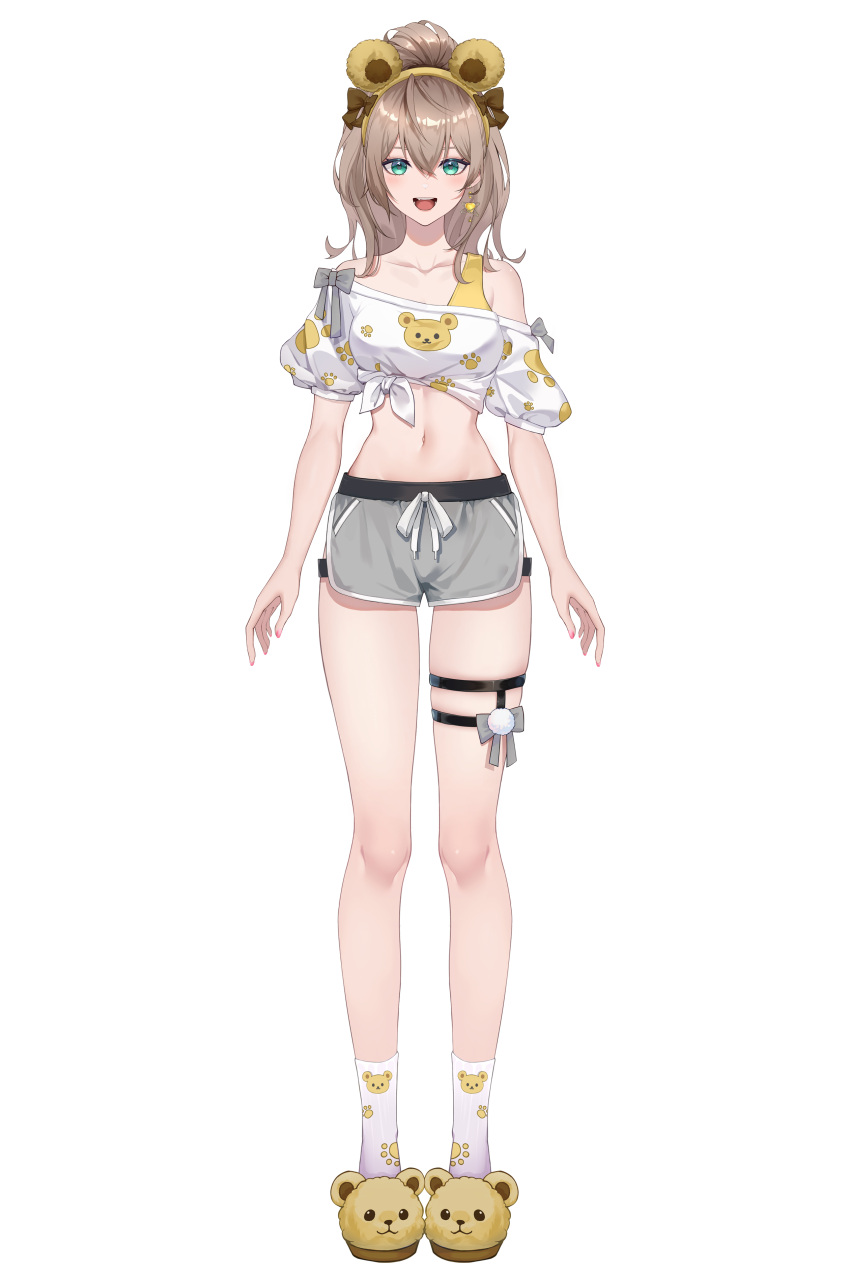 1girl :d absurdres animal_ears animal_print animal_slippers arms_at_sides bare_shoulders bear_ears bear_print bear_slippers bow breasts brown_bow brown_hair collarbone cropped_shirt curly_hair dolphin_shorts earrings fake_animal_ears full_body green_eyes grey_bow grey_shorts hair_between_eyes hair_bow highres jewelry looking_at_viewer medium_breasts medium_hair navel off-shoulder_shirt off_shoulder official_art paw_print ponytail puffy_short_sleeves puffy_sleeves queenie_(vtuber) shirt shirt_bow short_shorts short_sleeves shorts single_earring sixiwanzi slippers smile socks solo standing stomach tachi-e teeth thigh_bow thigh_strap tied_shirt transparent_background virtual_youtuber white_socks
