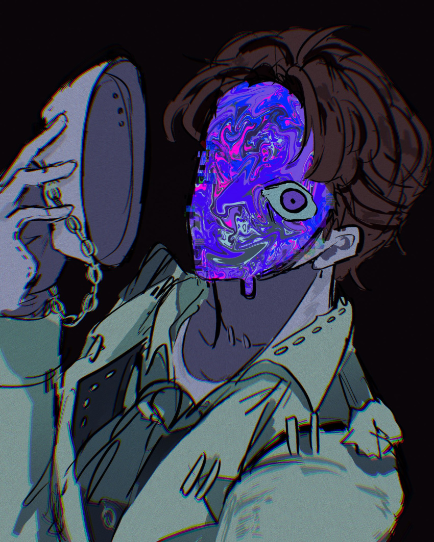 1boy ascot black_background black_vest brown_hair collared_shirt commentary cotton_ball empty_eyes english_commentary gouboot green_ascot hair_slicked_back highres holding holding_mask identity_v jacket looking_at_viewer male_focus mask melting one-eyed orpheus_(identity_v) psychedelic purple_eyes shirt short_hair simple_background solo stitched_neck stitches upper_body vest white_jacket white_shirt