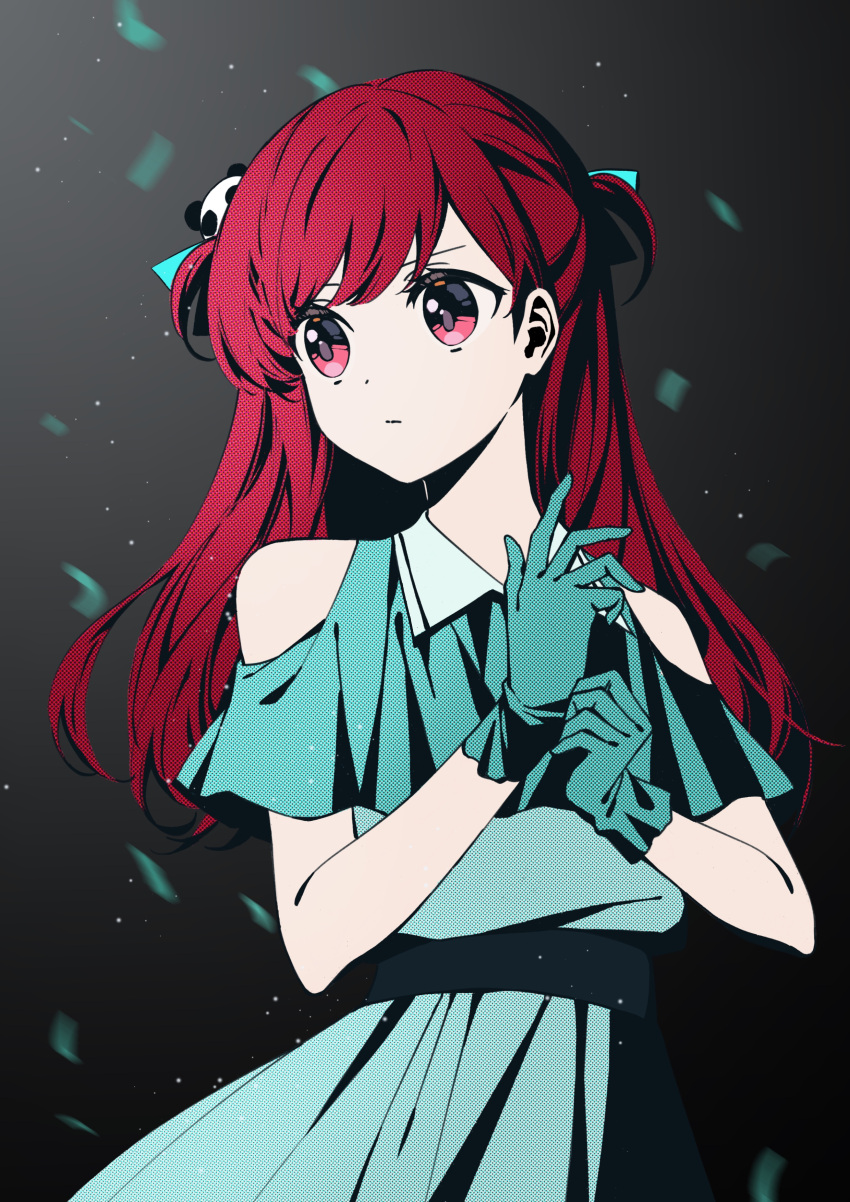 1girl absurdres arima_kana black_background closed_mouth dress gloves green_dress green_gloves hair_ribbon hat highres long_hair looking_to_the_side oshi_no_ko red_eyes red_hair ribbon solo xiang_yu_pai