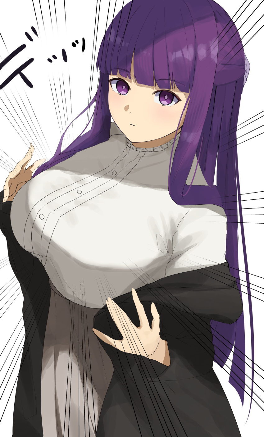 1girl absurdres black_coat breasts closed_mouth coat dress fern_(sousou_no_frieren) hanamiya_ai highres large_breasts long_hair looking_at_viewer open_clothes open_coat purple_eyes purple_hair solo sousou_no_frieren speed_lines straight_hair white_dress