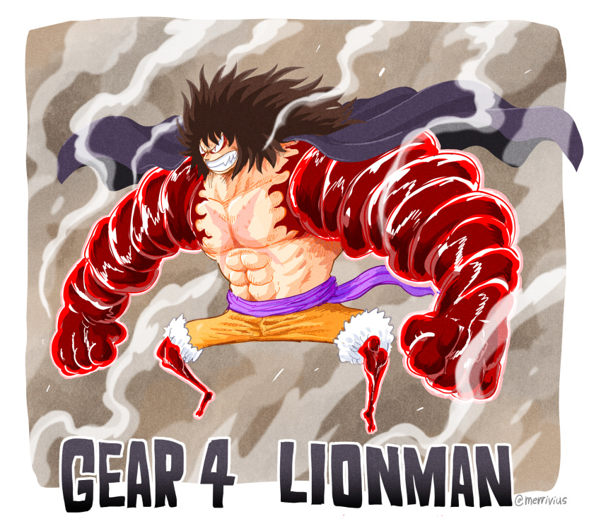 1boy abs angry artist_name black_cape black_hair cape clenched_teeth commentary english_commentary full_body gear_fourth gear_fourth:_boundman highres long_hair male_focus merrivius monkey_d._luffy muscular muscular_male one_piece orange_shorts shorts signature solo teeth