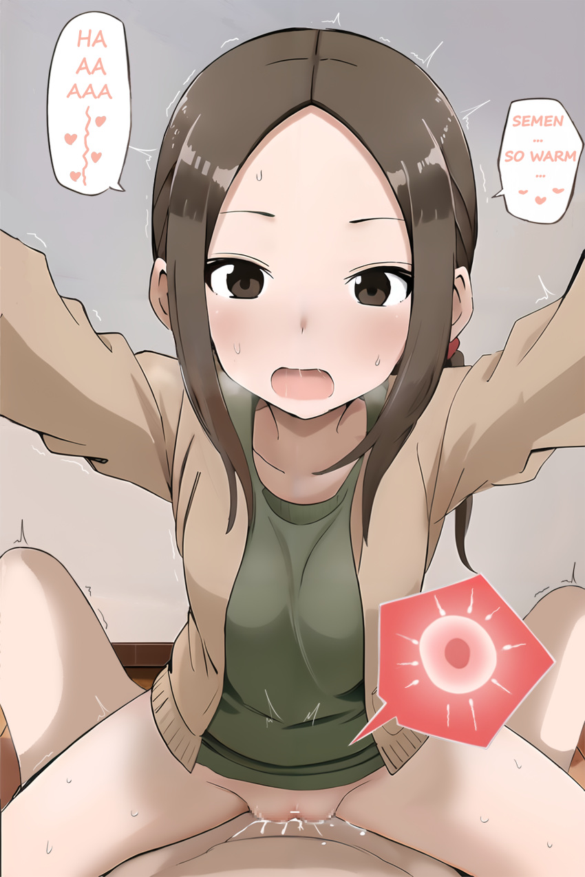 1boy 1girl absurdres blush breasts brown_eyes brown_hair clothed_sex cum cum_in_pussy cum_overflow cumdrip ejaculation forehead hair_ribbon highres impregnation jacket karakai_jouzu_no_(moto)_takagi-san karakai_jouzu_no_takagi-san long_hair long_sleeves looking_at_viewer nishikata open_mouth parted_bangs ponytail pregnant pussy ribbon sex shirt simple_background smile solo spread_legs sweat takagi-san vaamos vaginal