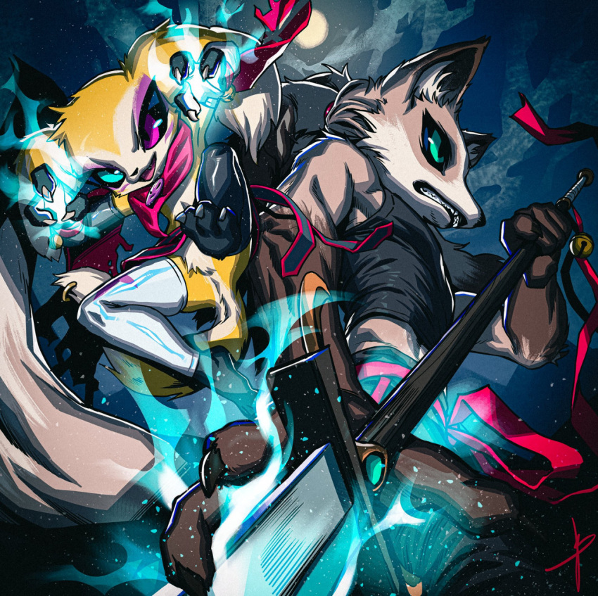 anthro asian_mythology back_to_back bandai_namco bandanna battle bell belt blaedic canid canine clothing cloud colored_fire countershading crop_top dark_sclera digimon digimon_(species) duo east_asian_mythology facial_markings female fighting_pose fire fox furgonomics furry-specific_piercing genji green_fire hand_on_weapon head_markings heterochromia hi_res holding_fireball holding_object holding_weapon hybrid imp impmon japanese_mythology jumping kerchief larger_male leggings legwear low-angle_view male mammal markings melee_weapon moon mythology naginata outside piercing polearm pose renamon renimpmon renimpmon_x ribbons shirt size_difference sky smaller_female star tail tail_piercing topwear weapon yokai