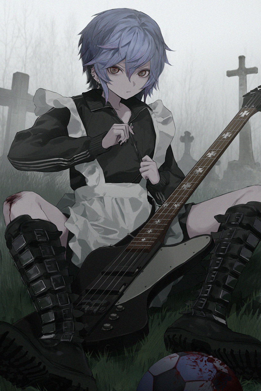 1boy androgynous apron ball black_jacket black_nails blood blood_stain blue_hair boots brown_eyes crossdressing earrings eyeliner fog frilled_apron frills graveyard grey_hair guitar highres instrument jacket jewelry lktt looking_at_viewer makeup male_focus nail_polish on_grass original scraped_knee shorts sitting soccer_ball solo spread_legs tombstone tree