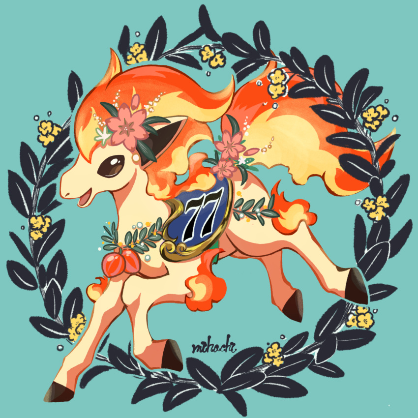 animal_focus blue_background brown_eyes fiery_hair fiery_tail flower hair_flower hair_ornament highres hooves horse mi_ho_chi no_humans nostrils occa_berry open_mouth pink_flower pokemon pokemon_(creature) ponyta saddle solo tail wreath yellow_flower