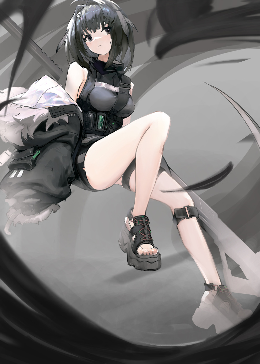 1girl absurdres arknights bare_shoulders black_eyes black_hair breasts feather_hair fur-trimmed_jacket fur_trim hair_ornament hairclip highres holding holding_scythe holding_weapon jacket la_pluma_(arknights) sandals scythe shorts sideways_glance solo weapon xiyia_hua