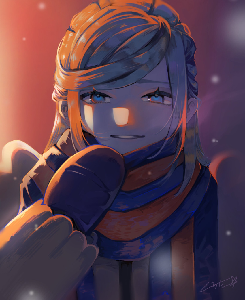 1boy aqua_hair blue_eyes blue_scarf breath commentary_request eyelashes grusha_(pokemon) hand_up highres jacket kurota_(hmdstk0801) long_sleeves looking_at_viewer male_focus mittens outdoors parted_lips pokemon pokemon_(game) pokemon_sv scarf signature smile solo striped striped_scarf twilight upper_body yellow_jacket