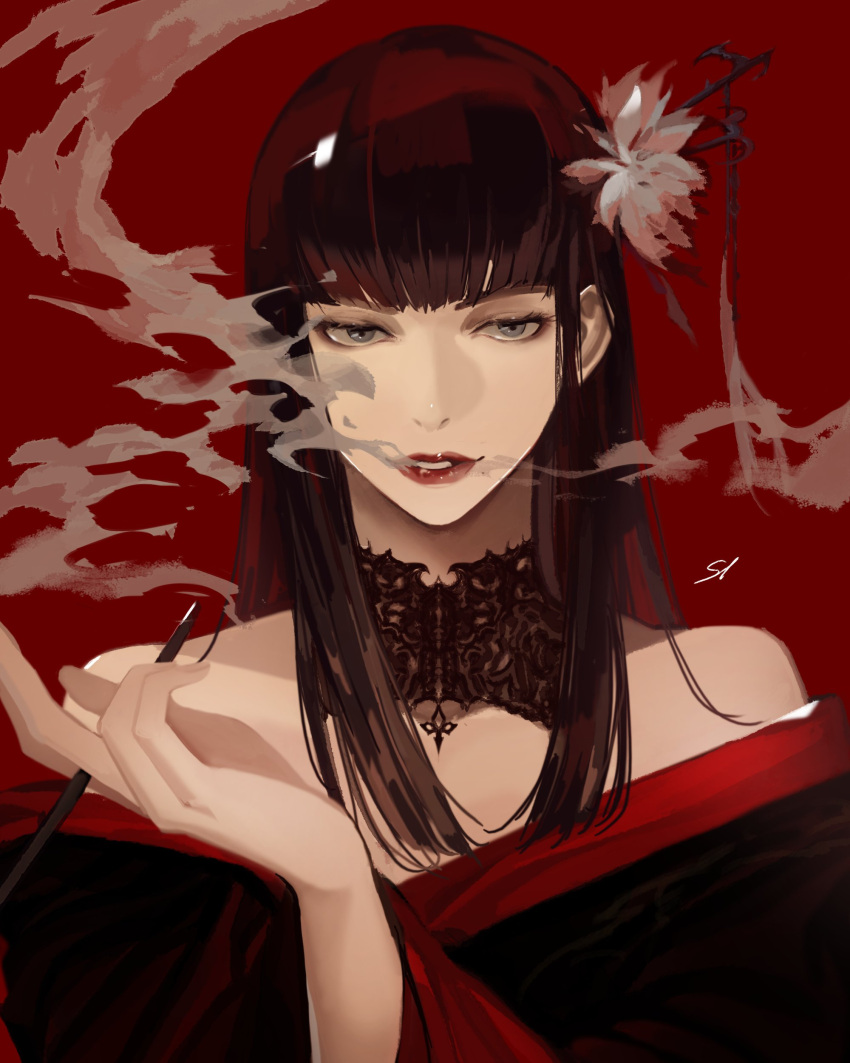 1girl absurdres bare_shoulders between_fingers black_collar black_hair black_kimono blowing_smoke blunt_bangs collar collarbone epiphyllum expressionless final_fantasy final_fantasy_xiv flower grey_eyes hair_flower hair_ornament hair_stick hand_up highres holding holding_smoking_pipe hyur infecti japanese_clothes kimono kiseru lace_collar long_hair looking_at_viewer mole mole_under_mouth off_shoulder parted_lips portrait red_background red_lips signature simple_background smoke smoking_pipe solo straight_hair yotsuyu_goe_brutus