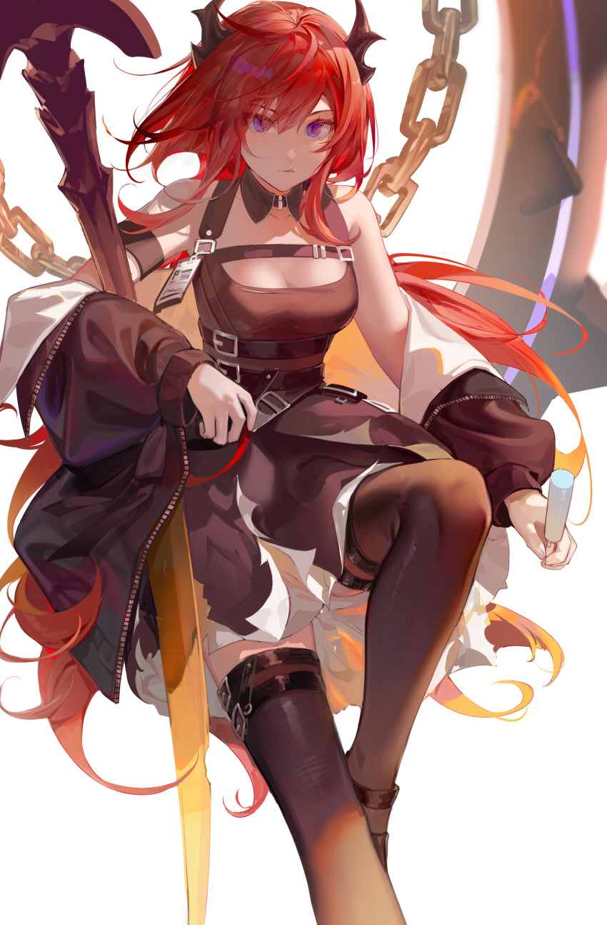 1girl absurdres arknights bare_shoulders black_dress black_footwear black_sleeves breasts burnt_clothes chain chest_strap cleavage collarbone criss-cross_halter cross cross_necklace demon_girl demon_horns detached_collar dress food hair_between_eyes hair_intakes halterneck highres himitsu_(vjvu3532) holding holding_food holding_ice_cream horns ice_cream id_card infection_monitor_(arknights) jacket jewelry long_hair long_sleeves looking_at_viewer medium_breasts molten_rock necklace purple_eyes red_hair sitting skirt solo surtr_(arknights) sword thigh_strap thighhighs tongue tongue_out weapon white_background