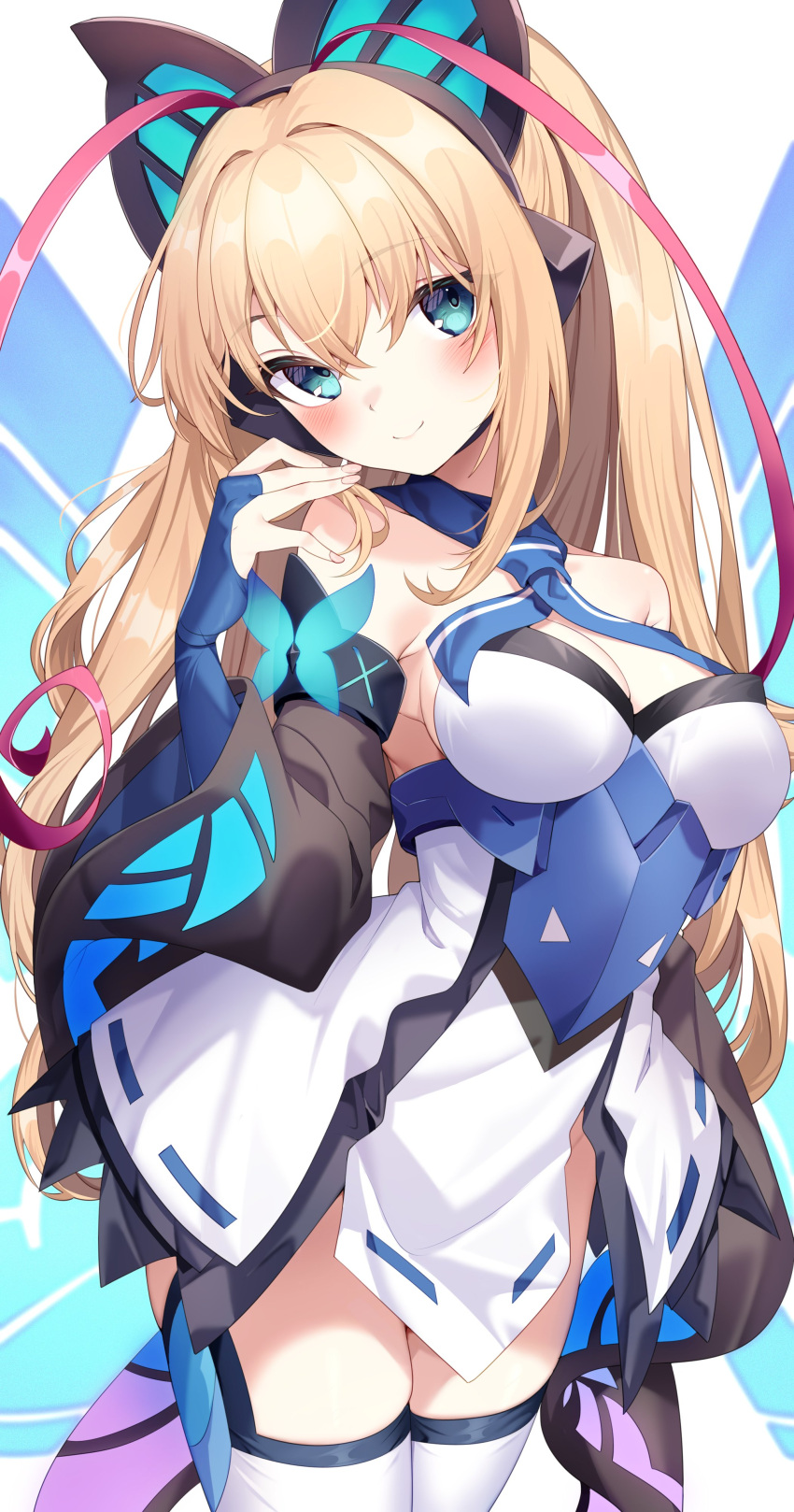 1girl absurdres azure_striker_gunvolt blonde_hair blue_eyes blush breasts butterfly_hair_ornament cleavage commission dress hair_ornament highres idol jun_(aousa0328) long_hair looking_at_viewer lumen_(gunvolt) medium_breasts necktie smile thighhighs very_long_hair