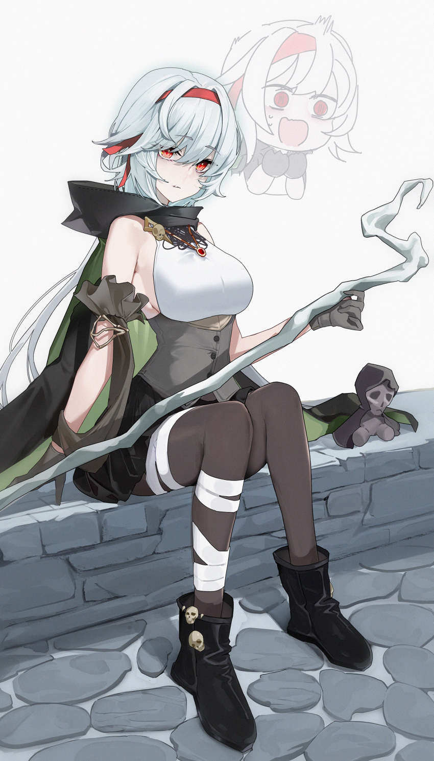 1girl absurdres bandaged_leg bandages bare_shoulders black_footwear black_gloves black_pantyhose black_skirt breasts chibi commission gloves grey_hair highres hood looking_at_viewer maanu original pantyhose pixiv_commission red_eyes sitting skirt skull solo wand white_background