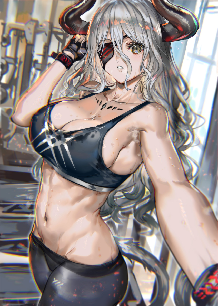 1girl bare_arms bare_shoulders black_gloves black_pants black_sports_bra breasts cleavage collarbone commentary_request eyepatch fingerless_gloves gloves grey_hair gym hair_between_eyes hand_up highres horns large_breasts long_hair looking_at_viewer one_eye_covered original pants parted_lips ran'ou_(tamago_no_kimi) sports_bra stomach