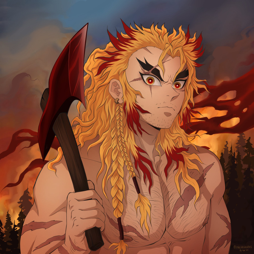 1boy aged_up alternate_facial_hair alternate_hairstyle alternate_scar alternate_universe axe braid braided_ponytail bright_pupils burning character_request check_character colored_tips forest forked_eyebrows highres holding holding_axe inkhashiras kimetsu_no_yaiba looking_at_viewer male_focus mature_male multicolored_hair muscular muscular_male nature nipples nude orange_hair orange_theme over_shoulder pectorals rengoku_kyoujurou sanpaku scar scar_across_eye solo sparse_stubble thick_eyebrows upper_body viking weapon weapon_over_shoulder wide-eyed