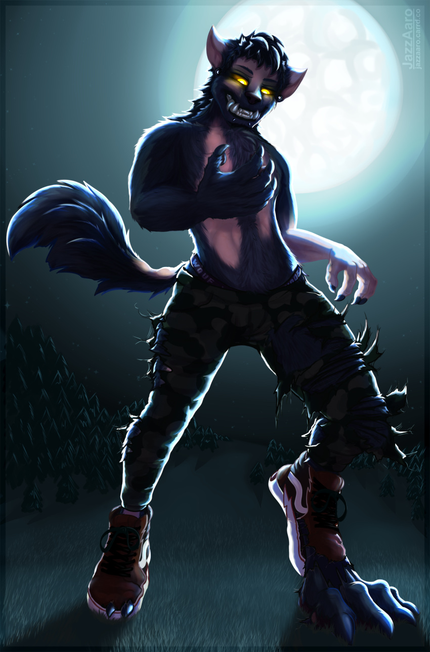 anthro biped canid canine canis claws clothing eyebrows fingers full_moon hi_res human_to_anthro jazzaaro male mammal mid_transformation moon solo species_transformation tail torn_clothing transformation were werecanid werecanine werewolf wolf