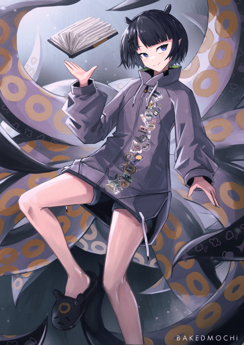 1girl ao-chan_(ninomae_ina'nis) bakedmochi blue_eyes bob_cut book breasts floating floating_book floating_object grey_shorts highres hololive hololive_english jacket long_sleeves looking_at_viewer ninomae_ina'nis ninomae_ina'nis_(5th_costume) pointy_ears purple_hair purple_jacket short_hair short_shorts shorts slippers small_breasts smile solo sticker tentacles virtual_youtuber