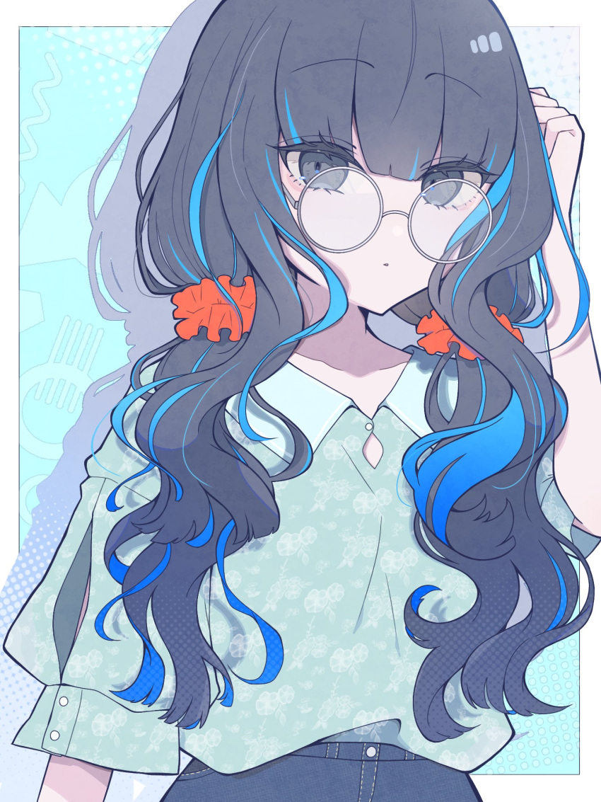 1girl aqua_hair blue_eyes blue_hair blue_pants blue_shirt blunt_bangs border buttoned_cuffs circle collarbone collared_shirt commentary curly_hair dark_blue_hair denim diamond_(shape) drop_shadow expressionless eyelashes fate/grand_order fate_(series) floral_print glasses grey-framed_eyewear hair_behind_eyewear hair_ornament hair_scrunchie halftone halftone_background hand_on_own_head hand_up highres i10_ksw light_blue_background long_hair looking_at_viewer multicolored_hair outside_border pants parted_lips print_shirt red_scrunchie round_eyewear scrunchie shirt shirt_tucked_in short_sleeves solo streaked_hair tenochtitlan_(fate) tsurime two-tone_hair wavy_hair white_border