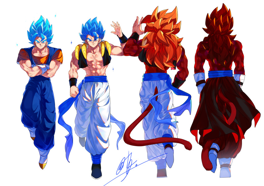 absurdres biceps blue_eyes blue_sash body_fur closed_mouth dragon_ball dragon_ball_gt dragon_ball_heroes dragon_ball_super earrings gogeta gogeta_(xeno) highres jewelry jiajiajiajiaa long_hair looking_at_viewer male_focus metamoran_vest monkey_boy monkey_tail multiple_boys muscular muscular_male pants pectorals potara_earrings red_fur red_hair saiyan sash smile spiked_hair super_full_power_saiyan_4_limit_breaker super_saiyan super_saiyan_4 super_saiyan_blue super_saiyan_blue_evolved tail time_patrol_(dragon_ball) vegetto vegetto_(xeno)