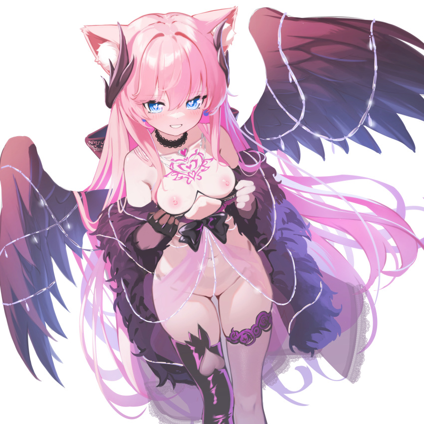 1girl absurdres animal_ear_fluff animal_ears asymmetrical_legwear bare_shoulders black_choker black_gloves black_thighhighs black_wings blue_eyes bottomless breasts bright_pupils cat_ears chest_tattoo choker clothes_pull clothing_cutout commentary_request feet_out_of_frame gloves grin hair_ornament hair_over_breasts heart heart-shaped_pupils heart_cutout heart_tattoo highres indie_virtual_youtuber jewelry lace-trimmed_choker lace_trim light_blush long_hair looking_at_viewer medium_breasts mismatched_legwear navel necklace nipples pink_hair purple_thighhighs sakurada_hane see-through_thighhighs simple_background smile solo symbol-shaped_pupils tattoo thighhighs very_long_hair virtual_youtuber white_background white_pupils wings xintianou