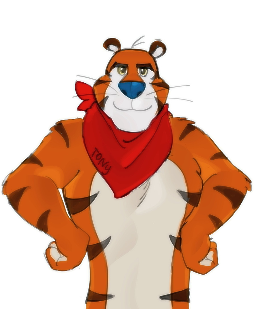 anthro bandanna felid frosted_flakes fur hands_on_hips hi_res kellogg's kerchief kogito male mammal mascot orange_body orange_fur pantherine smile solo striped_body striped_fur stripes tiger tony_the_tiger whiskers