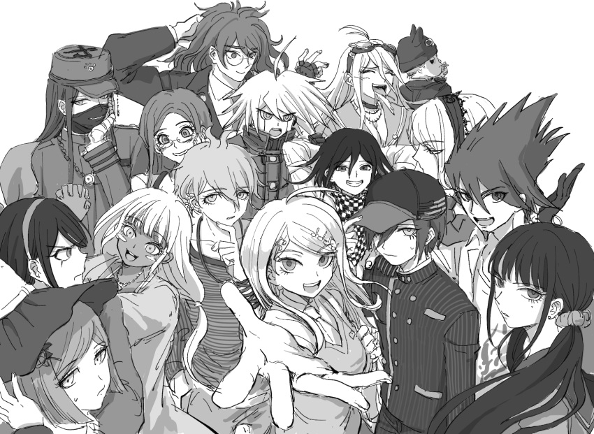 6+boys 6+girls :d akamatsu_kaede amami_rantarou antenna_hair barbed_wire breast_pocket breasts buttons chabashira_tenko checkered_clothes checkered_scarf choker cleavage danganronpa_(series) danganronpa_v3:_killing_harmony double-breasted everyone glasses gloves goggles goggles_on_head gokuhara_gonta greyscale grin hair_ornament hair_scrunchie hairband happy harukawa_maki hat highres hoshi_ryouma iruma_miu jacket jewelry keebo large_breasts long_hair looking_at_viewer low_twintails mask messy_hair mole mole_under_eye momota_kaito monochrome mouth_mask multiple_boys multiple_girls musical_note musical_note_hair_ornament necklace necktie open_clothes open_jacket open_shirt ouma_kokichi outstretched_arm pocket print_shirt round_eyewear saihara_shuuichi sailor_collar scarf scrunchie shao_ro shinguuji_korekiyo shirogane_tsumugi shirt short_hair smile spiked_hair striped striped_shirt teeth tongue tongue_out toujou_kirumi twintails upper_teeth_only vest witch_hat yonaga_angie yumeno_himiko