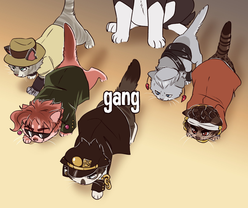 5boys animal_focus animalization aqua_eyes black_cat black_hair blue_eyes boston_terrier brown_cat brown_eyes cat chain cherry_earrings dog earrings fizzydog food-themed_earrings gakuran gang gang_(meme) grandfather_and_grandson green_eyes grey_cat grey_hair headband highres iggy_(jojo) indoors jean_pierre_polnareff jewelry jojo_no_kimyou_na_bouken joseph_joestar joseph_joestar_(old) kakyoin_noriaki kujo_jotaro long_coat male_focus meme mohammed_avdol multiple_boys no_humans orange_cat red_hair school_uniform simple_background stardust_crusaders sunglasses tabby_cat tall_hair