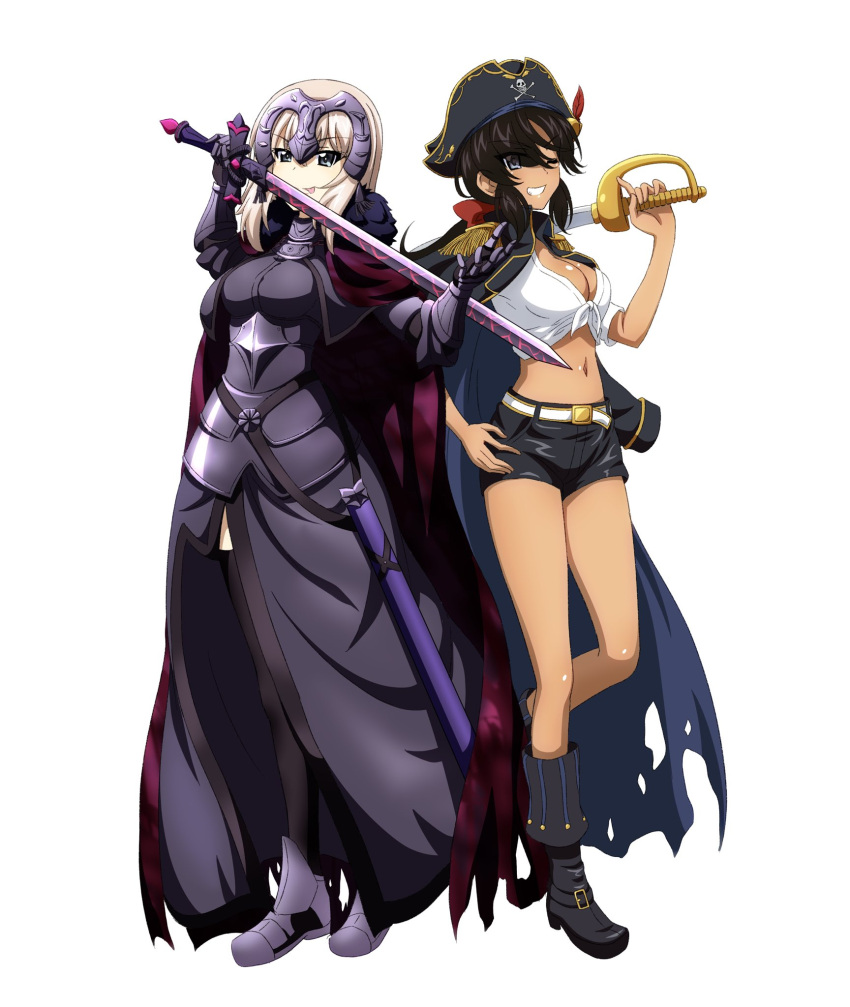 2girls :p armor armored_dress belt black_cape black_dress black_eyes black_footwear black_gloves black_hair black_headwear black_shorts black_thighhighs blue_eyes boots bow bowtie breasts cape commentary commission cosplay cutlass dark-skinned_female dark_skin dress epaulettes fate/grand_order fate_(series) front-tie_top fur-trimmed_cape fur_trim gauntlets girls_und_panzer gloves greaves grey_footwear grey_hair grin hair_bow hair_over_one_eye halloween_costume hand_on_own_hip hat headgear highres holding holding_sword holding_weapon itsumi_erika jacket jacket_on_shoulders jeanne_d'arc_alter_(avenger)_(fate) jeanne_d'arc_alter_(avenger)_(fate)_(cosplay) jeanne_d'arc_alter_(fate) key_(gaigaigai123) long_dress long_hair looking_at_viewer low_ponytail medium_breasts medium_hair midriff multiple_girls navel ogin_(girls_und_panzer) one_eye_closed pirate_hat red_bow red_bowtie scabbard sheath shirt short_shorts shorts side-by-side simple_background smile standing standing_on_one_leg sword thighhighs tongue tongue_out torn_cape torn_clothes unsheathed weapon white_background white_belt white_shirt