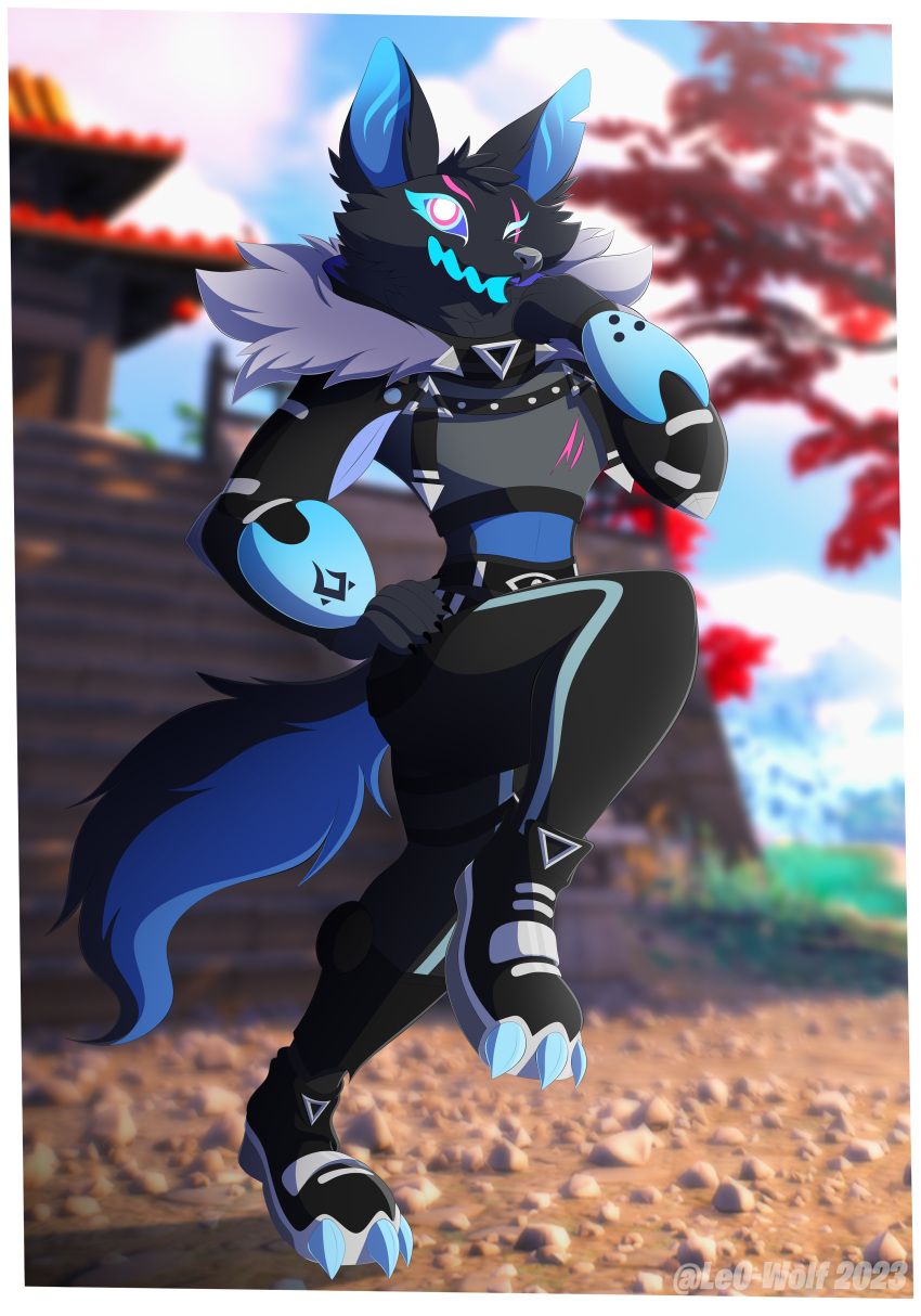 2023 absurd_res anthro blurred_background border branch canid canine canis clothing cloud detailed_background digital_media_(artwork) dirt epic_games female fennix_(fortnite) fortnite hi_res leo-wolf mammal open_mouth outside pack_leader_highwire plant plantigrade raised_leg rock sky solo temple tree white_border wolf