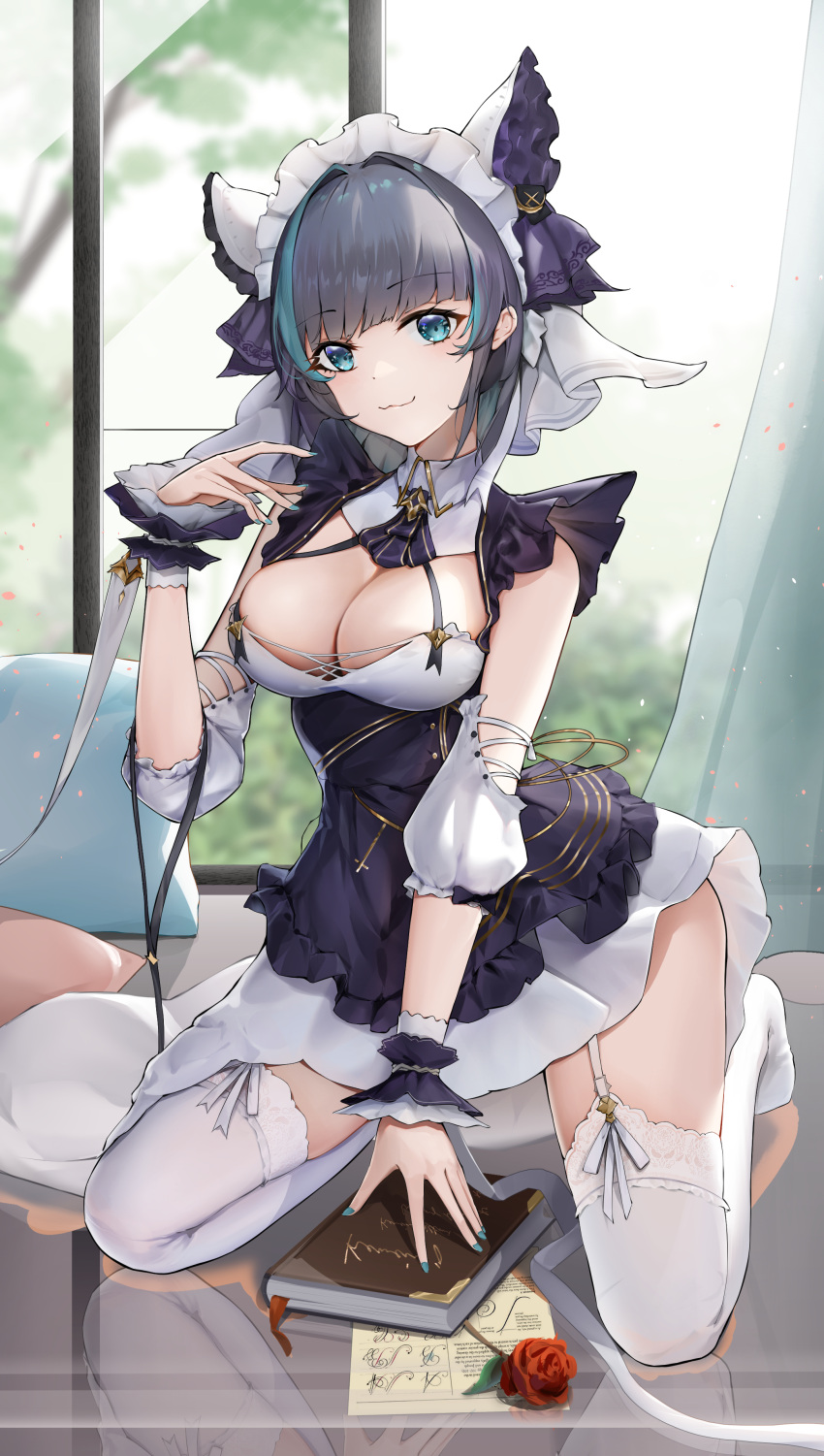 1girl absurdres animal_band animal_ears apron arm_garter azur_lane book breasts cheshire_(azur_lane) cleavage detached_sleeves fake_animal_ears flower frilled_hairband frilled_ribbon frills garter_straps hairband hand_up highres holding holding_book k/a kneeling maid maid_headdress multicolored_hair no_shoes puffy_detached_sleeves puffy_sleeves purple_apron ribbon rose short_hair skirt streaked_hair thighhighs two-tone_hair white_skirt white_thighhighs wrist_cuffs