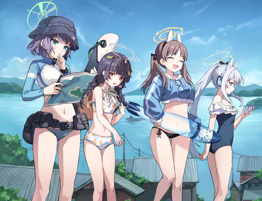 4girls black_hair blue_archive blue_eyes blue_halo braid brown_hair closed_eyes green_eyes green_halo halo highres kuza_brs medium_hair miyako_(blue_archive) miyako_(swimsuit)_(blue_archive) miyu_(blue_archive) miyu_(swimsuit)_(blue_archive) moe_(blue_archive) moe_(swimsuit)_(blue_archive) multiple_girls ponytail purple_hair red_eyes saki_(blue_archive) saki_(swimsuit)_(blue_archive) swimsuit twin_braids twintails white_hair yellow_halo