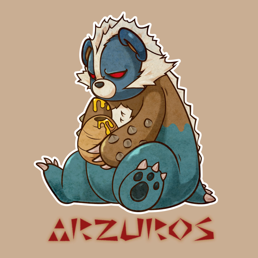 absurdres animal_focus arzuros bear beehive character_name claws highres holding honey iraken light_brown_background monster monster_hunter_(series) no_humans no_pupils pawpads red_eyes sitting