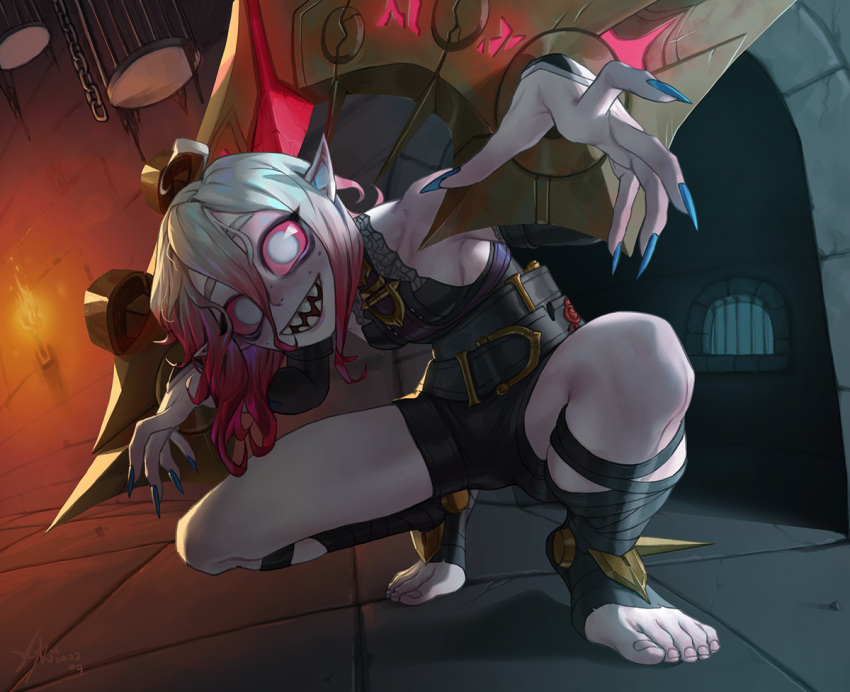 1girl belt black_belt blue_nails breasts briar_(league_of_legends) chain colored_sclera colored_skin commentary detached_sleeves feet fingernails foot_focus freckles gradient_hair grey_hair hair_between_eyes indoors iskimxk kneeling league_of_legends long_hair looking_at_viewer medium_breasts multicolored_hair no_eyes no_shoes on_ground open_mouth pink_hair pointy_ears red_sclera shadow sharp_fingernails sharp_teeth sideboob sidelocks smile solo stirrup_legwear streaked_hair teeth toeless_legwear toenails toes two-tone_hair vampire white_eyes window wrist_cuffs