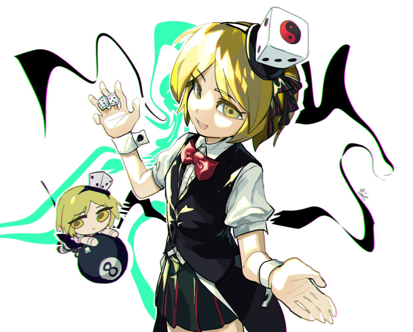 1other 8-ball androgynous black_hairband black_skirt black_vest blonde_hair bow bowtie chibi closed_mouth collared_shirt cowboy_shot dice favnvs_(s910a_ib6) hairband highres holding holding_dice len'en miniskirt multiple_views open_mouth pleated_skirt red_bow red_bowtie shirt short_hair short_sleeves skirt smile vest white_shirt white_wrist_cuffs xeno_a yellow_eyes