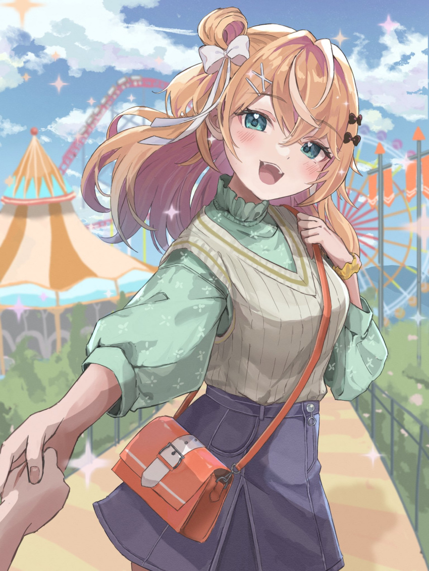 1girl aqua_eyes bag blonde_hair blue_skirt bow green_shirt green_sweater_vest hair_bow hair_bun hair_ornament highres holding_hands igarashi_rika long_hair multicolored_hair nijisanji orange_bag penta_(pepepen_28) pov roller_coaster shirt shoulder_bag single_side_bun skirt solo streaked_hair sweater_vest virtual_youtuber white_bow white_hair x_hair_ornament