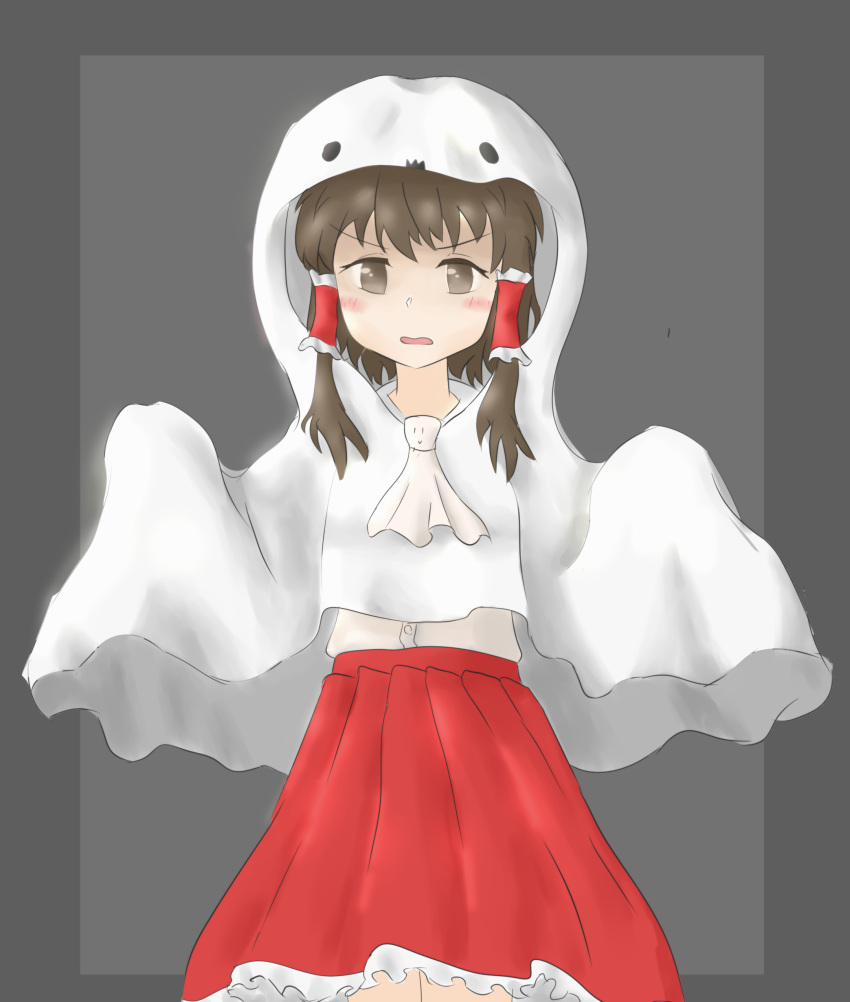 1girl absurdres blush brown_eyes brown_hair cosplay dayuu_(gukk3753) ghost_costume ghost_pose hair_tubes hakurei_reimu halloween halloween_costume highres jacket looking_at_viewer nontraditional_miko open_mouth red_skirt skirt solo touhou white_headwear white_jacket