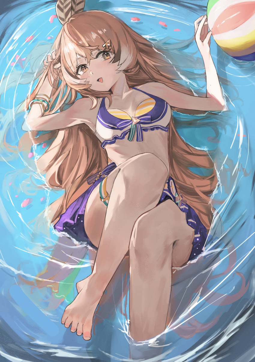 1girl absurdres ahoge armpits bikini bikini_skirt blue_bikini breasts brown_eyes brown_hair day dimas_(dimas79756948) feather_hair_ornament feathers front-tie_top hair_ornament hairpin highres hololive hololive_english hololive_summer_2023_swimsuit long_hair looking_at_viewer medium_breasts multicolored_hair nanashi_mumei pool smile soaking_feet solo streaked_hair swimsuit very_long_hair virtual_youtuber water wet wristband