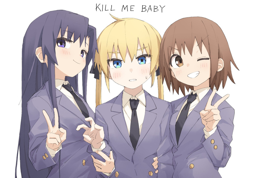 3girls ahoge bent_v black_necktie black_ribbon blazer blonde_hair blue_eyes blush brown_eyes brown_hair closed_mouth collared_shirt copyright_name goshiki_agiri grey_jacket grin hair_ribbon highres jacket kill_me_baby long_hair long_sleeves looking_at_viewer multiple_girls necktie one_eye_closed oribe_yasuna purple_eyes purple_hair ribbon school_uniform shirt short_hair sideways_glance simple_background smile sonya_(kill_me_baby) thick_eyebrows twintails upper_body v v-shaped_eyebrows white_background white_shirt yachima_tana